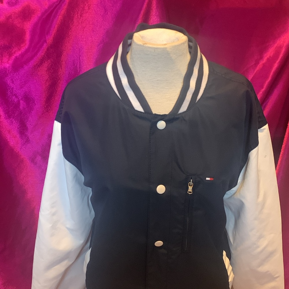 Tommy Hilfiger navy blue and white jacket, Letterman style snaps close